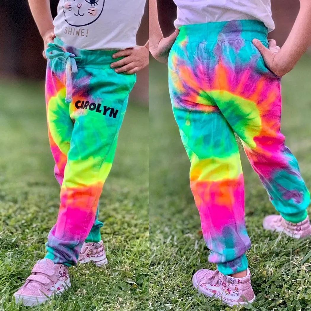 Personalized Neon Tie Dye Fleece Jogger Pants - Aqua/Purple