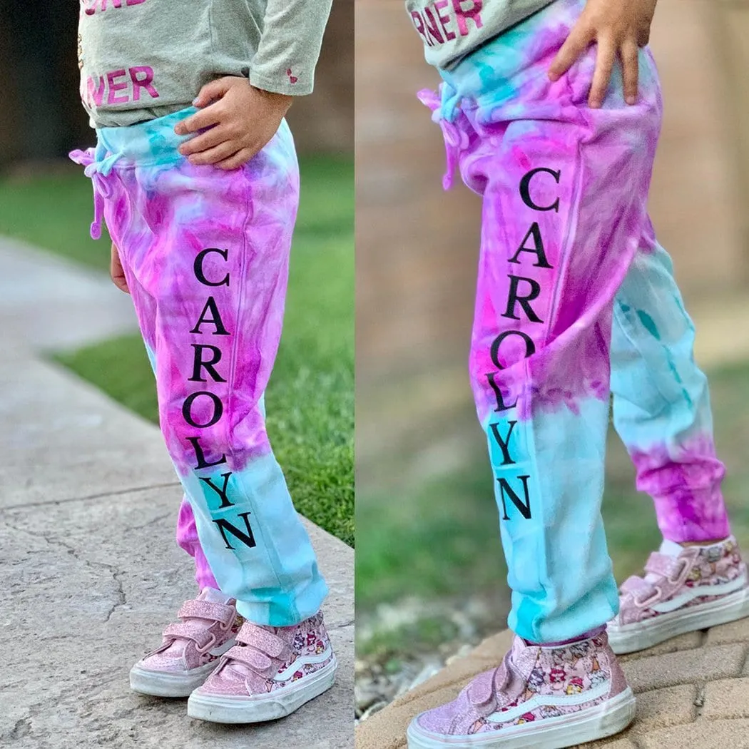 Personalized Neon Tie Dye Fleece Jogger Pants - Aqua/Purple