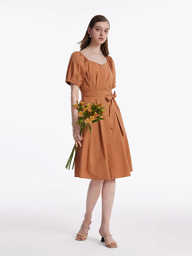 Puff Sleeves Square Neck Women Midi Dress With Belt