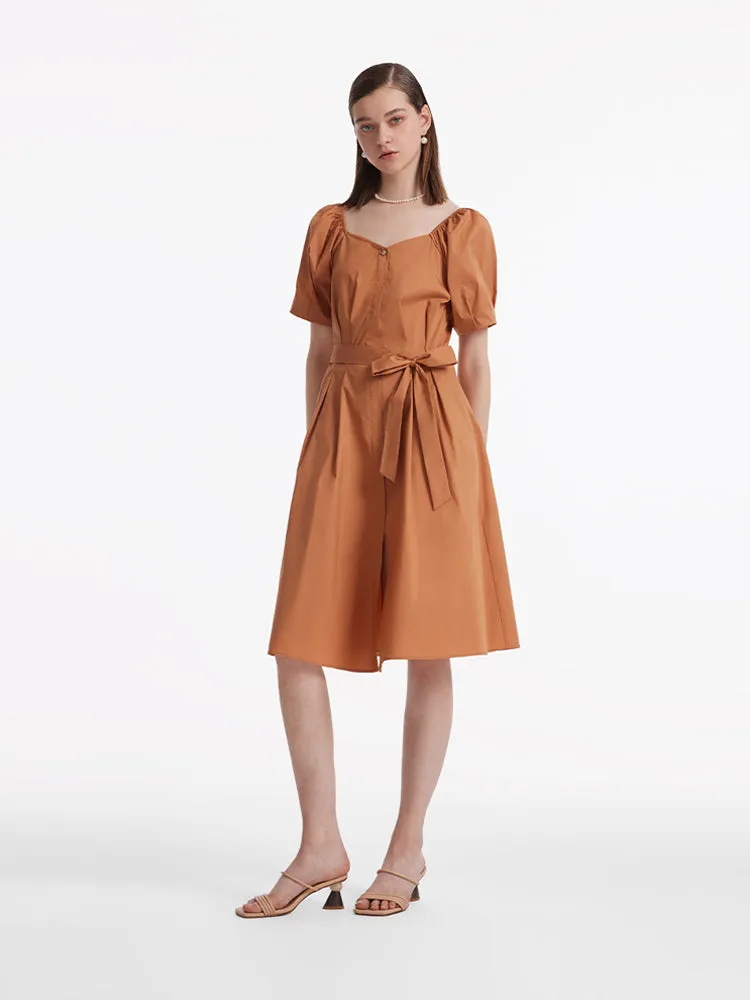 Puff Sleeves Square Neck Women Midi Dress With Belt