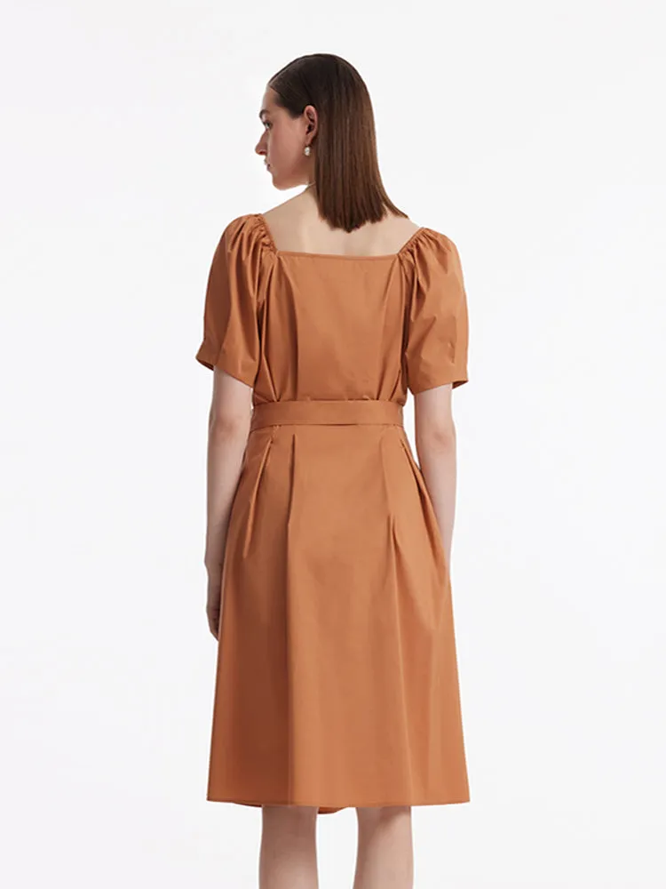 Puff Sleeves Square Neck Women Midi Dress With Belt