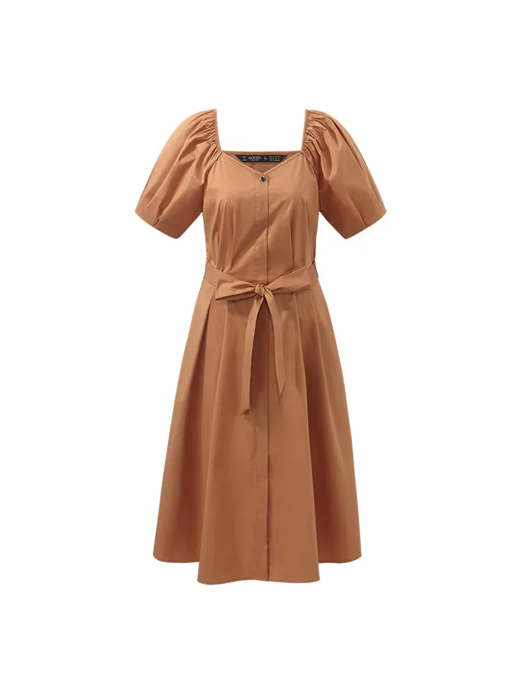 Puff Sleeves Square Neck Women Midi Dress With Belt