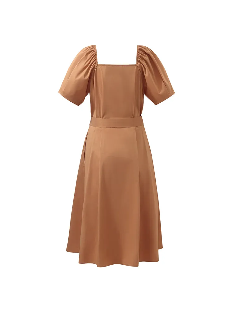 Puff Sleeves Square Neck Women Midi Dress With Belt