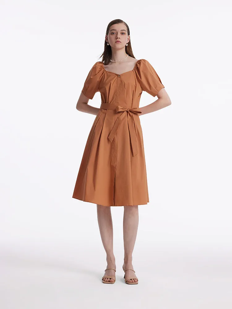 Puff Sleeves Square Neck Women Midi Dress With Belt