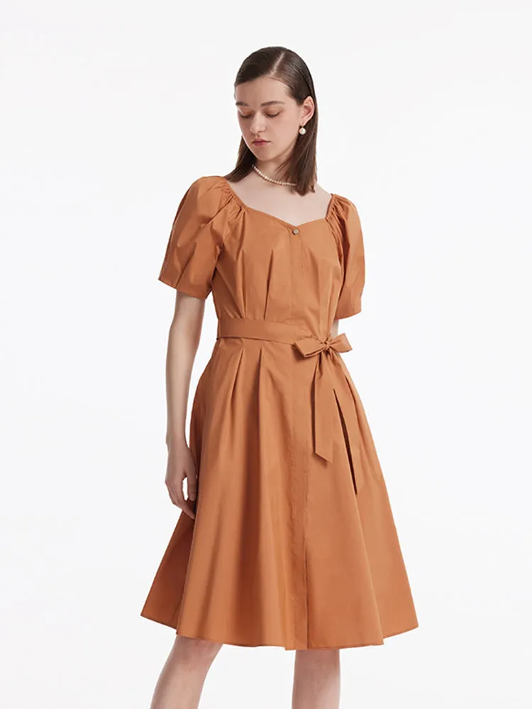 Puff Sleeves Square Neck Women Midi Dress With Belt