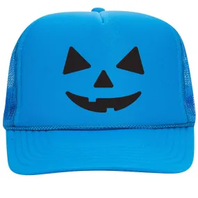 Pumpkin Happy Face Puff Halloween Printed 5 Panel High Crown Foam Mesh Back Trucker Hat - For Men and Women