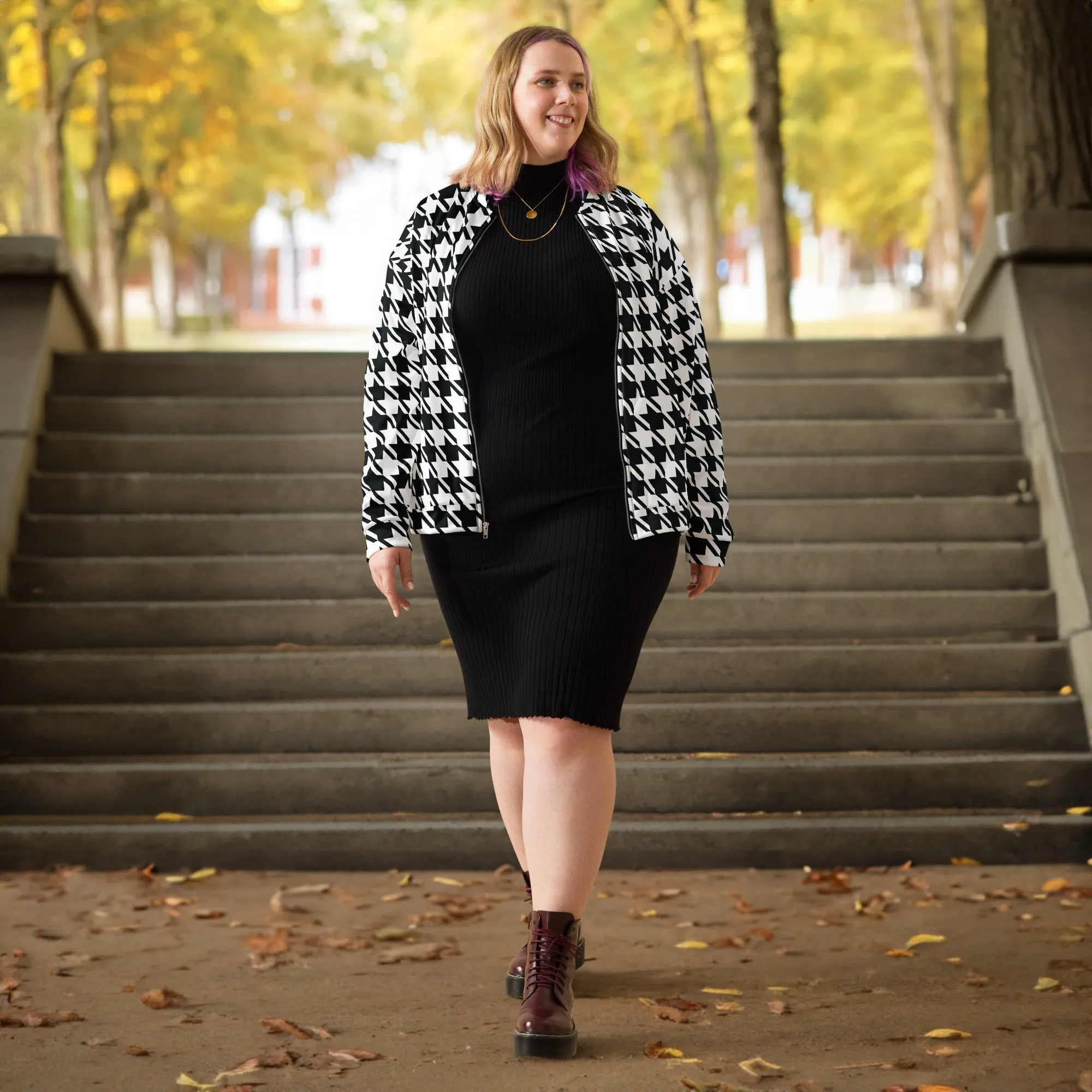 Refined Charm: Women's Classic Houndstooth Bomber 002