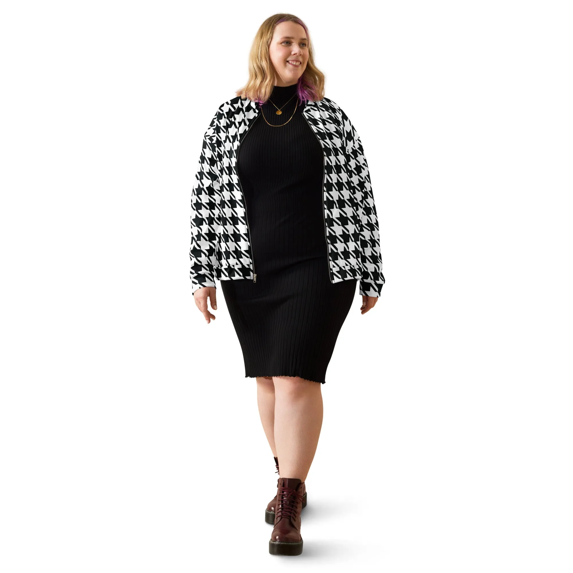 Refined Charm: Women's Classic Houndstooth Bomber 002