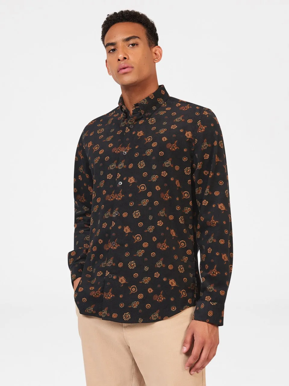 Retro Floral Print Corduroy Shirt