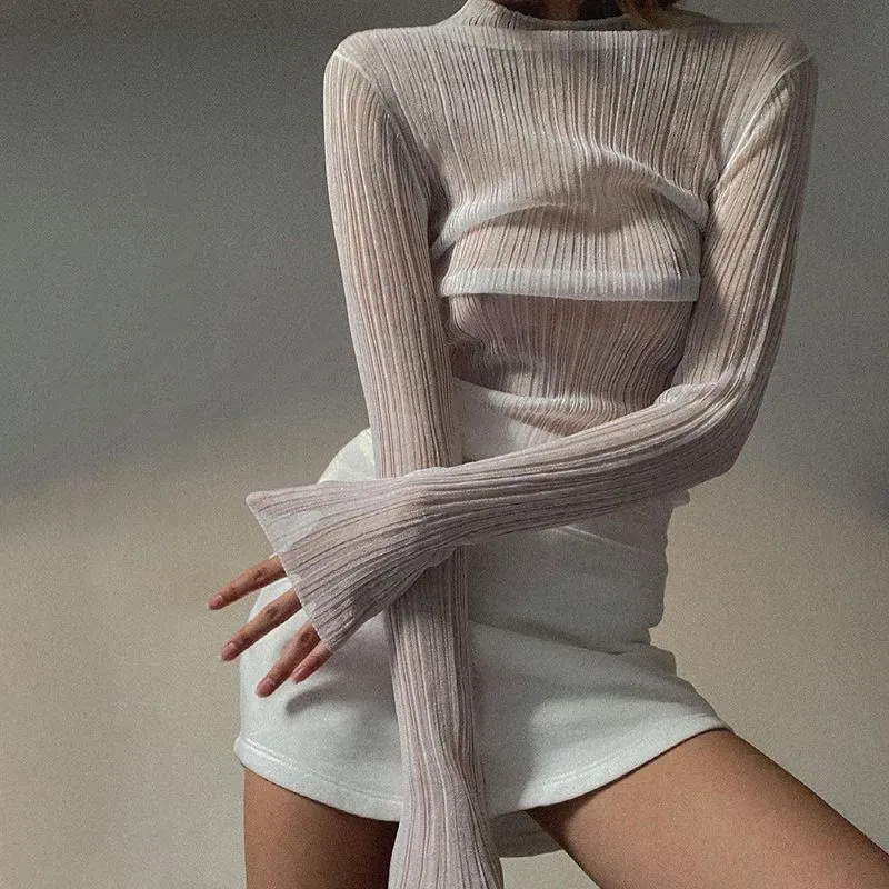 See Thru Pleated Rib Flare Long Sleeve Mesh Sheer Top