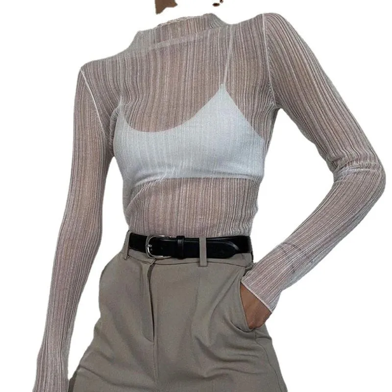 See Thru Pleated Rib Flare Long Sleeve Mesh Sheer Top