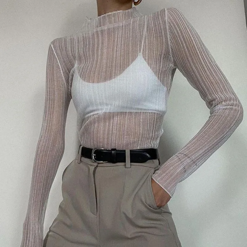 See Thru Pleated Rib Flare Long Sleeve Mesh Sheer Top