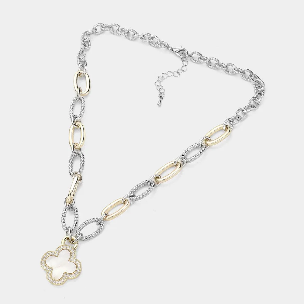 Silver & Gold CZ Quatrefoil Pendant Two Tone Textured Metal Necklace