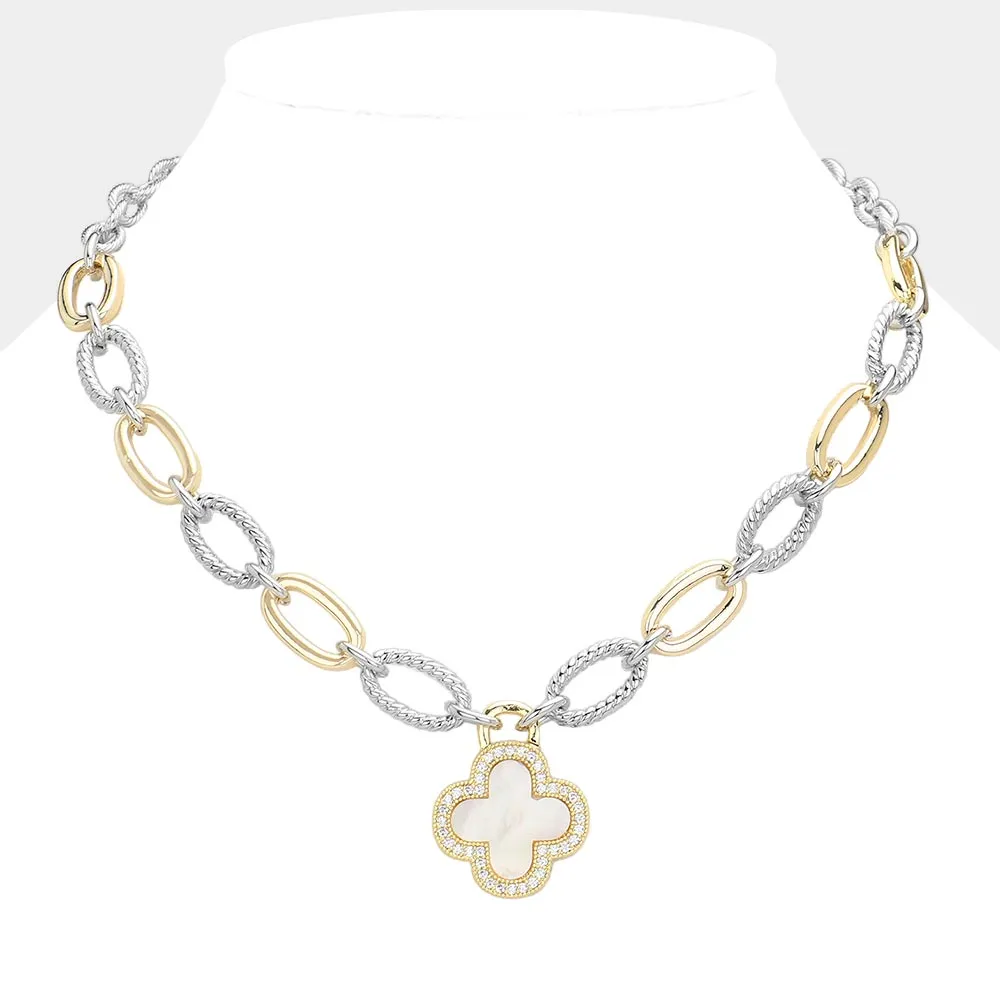 Silver & Gold CZ Quatrefoil Pendant Two Tone Textured Metal Necklace