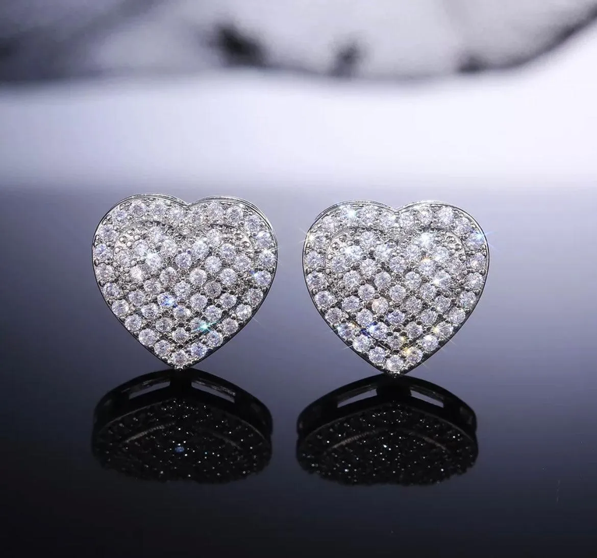 Silver Plated Claw Pave Cubic Zirconia Heart Studs