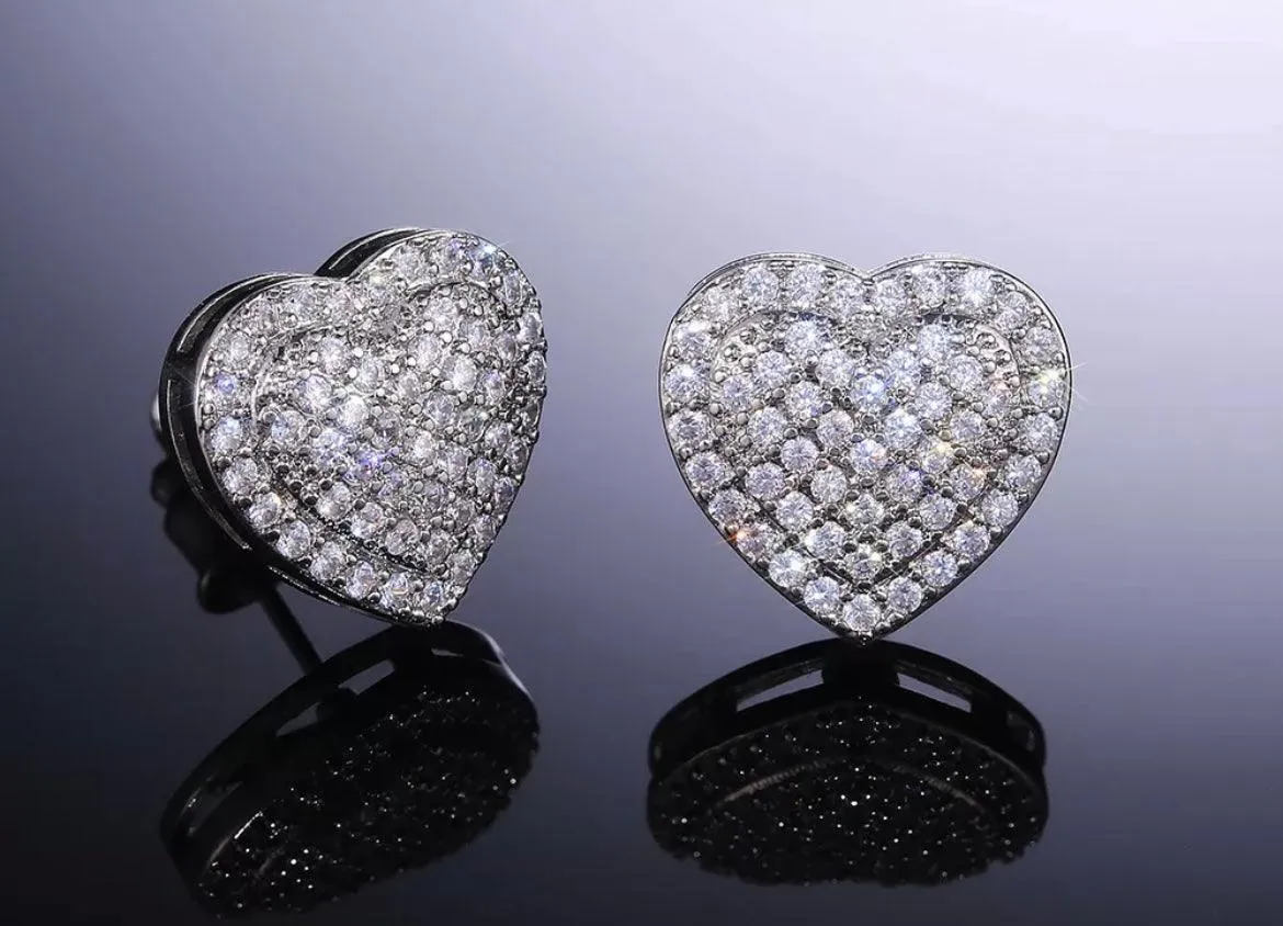 Silver Plated Claw Pave Cubic Zirconia Heart Studs