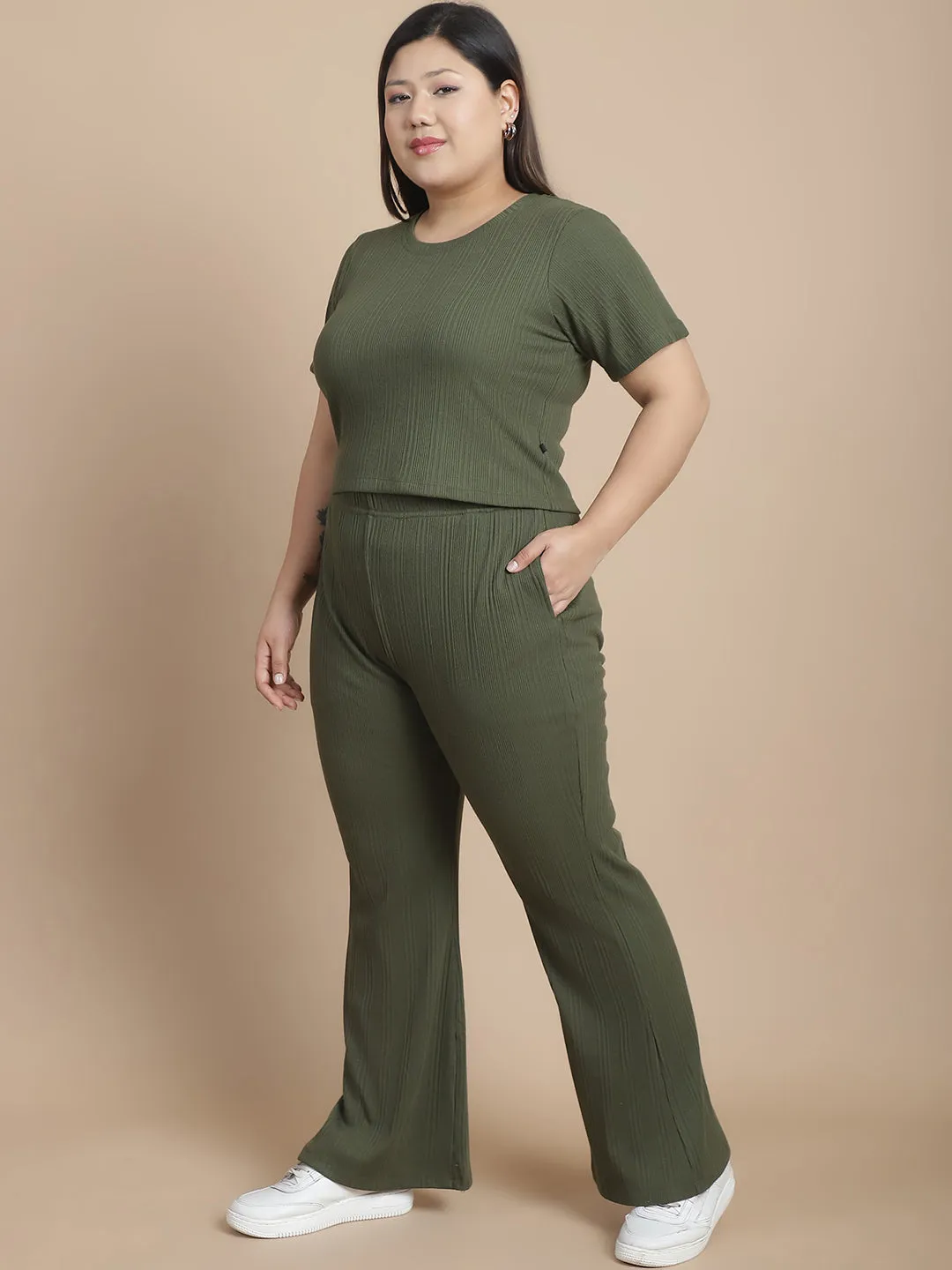 Stylish Olive Drop Needle Co-ord Set