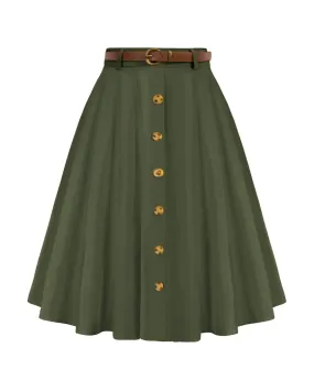 Swing Skirt with Belt Elastic High Waist Buttons Decorated Skirt