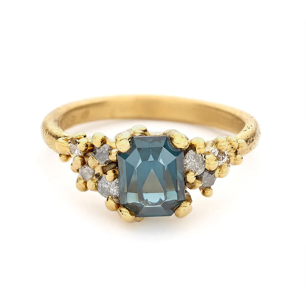 Teal Sapphire and Grey Diamond Encrusted Ring