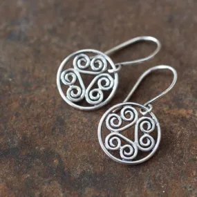 Tiny Spiral Medallion Earrings, Short silver dangles