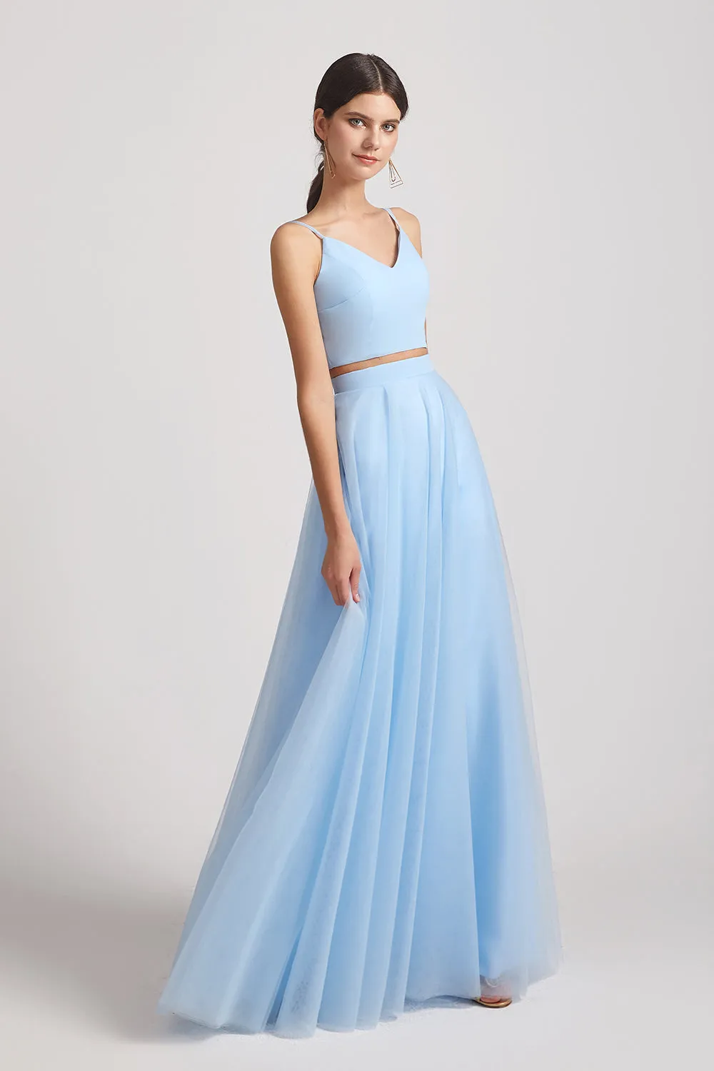 Two Pieces V-Neck Spaghetti Straps Tulle Long Bridesmaid Dresses (AF0182)