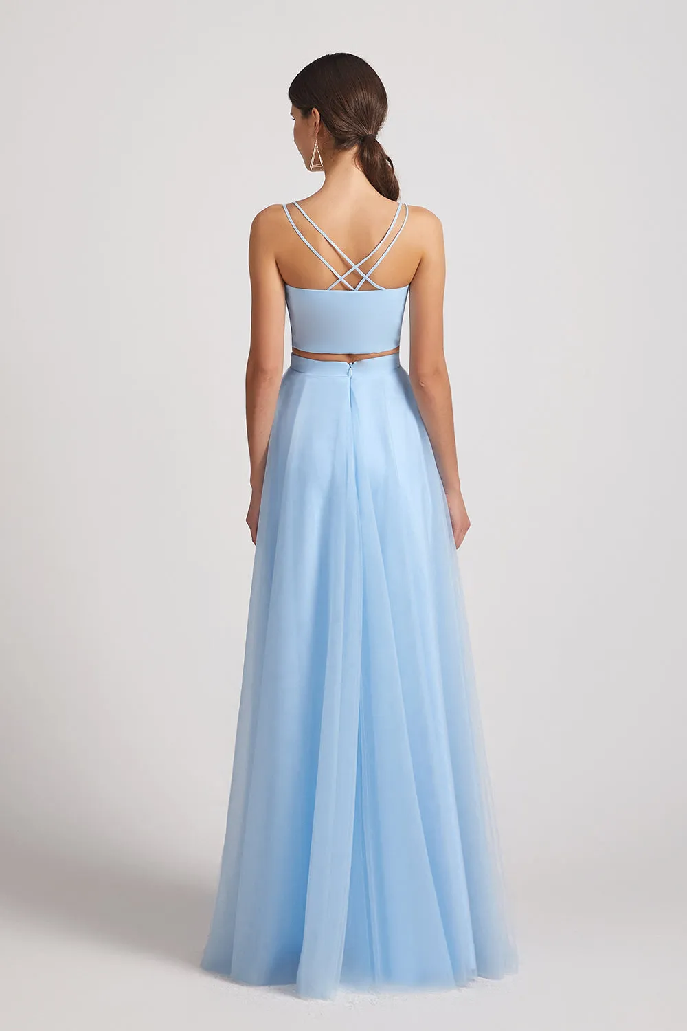 Two Pieces V-Neck Spaghetti Straps Tulle Long Bridesmaid Dresses (AF0182)