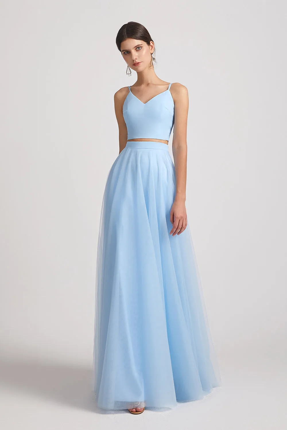 Two Pieces V-Neck Spaghetti Straps Tulle Long Bridesmaid Dresses (AF0182)