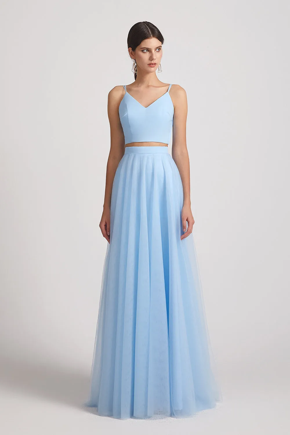 Two Pieces V-Neck Spaghetti Straps Tulle Long Bridesmaid Dresses (AF0182)