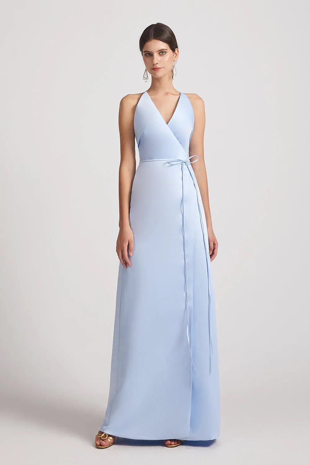 V-Neck Tie-Waist Faux Wrap Bridesmaid Dresses with Open Back (AF0177)