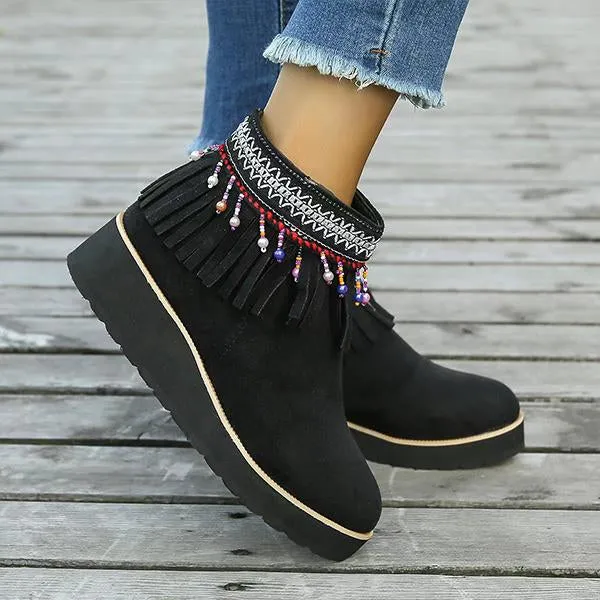 Women's Casual Ethnic Side Zipper Tassel Wedge Short Boots 32252938S