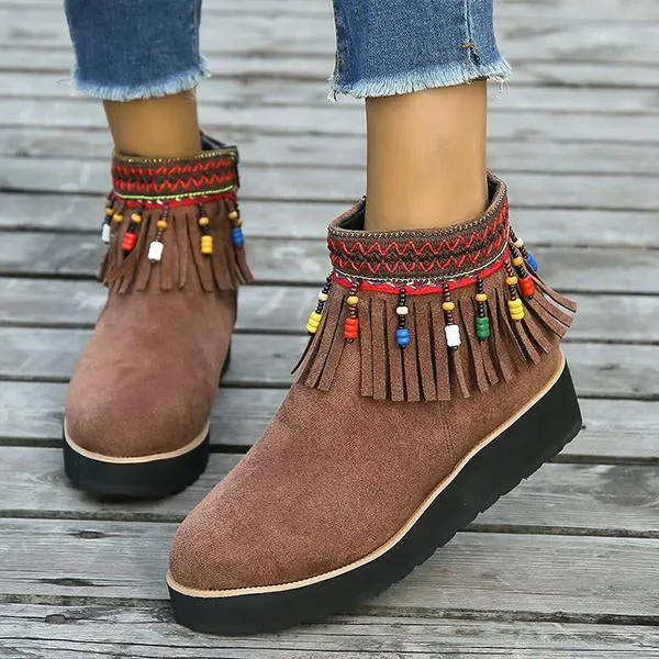 Women's Casual Ethnic Side Zipper Tassel Wedge Short Boots 32252938S