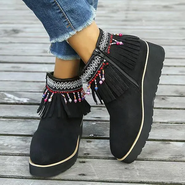 Women's Casual Ethnic Side Zipper Tassel Wedge Short Boots 32252938S