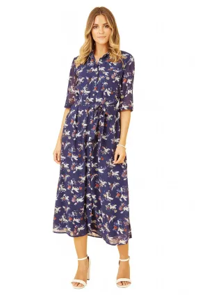 Yumi Navy Crane Print Midi Shirt Dress